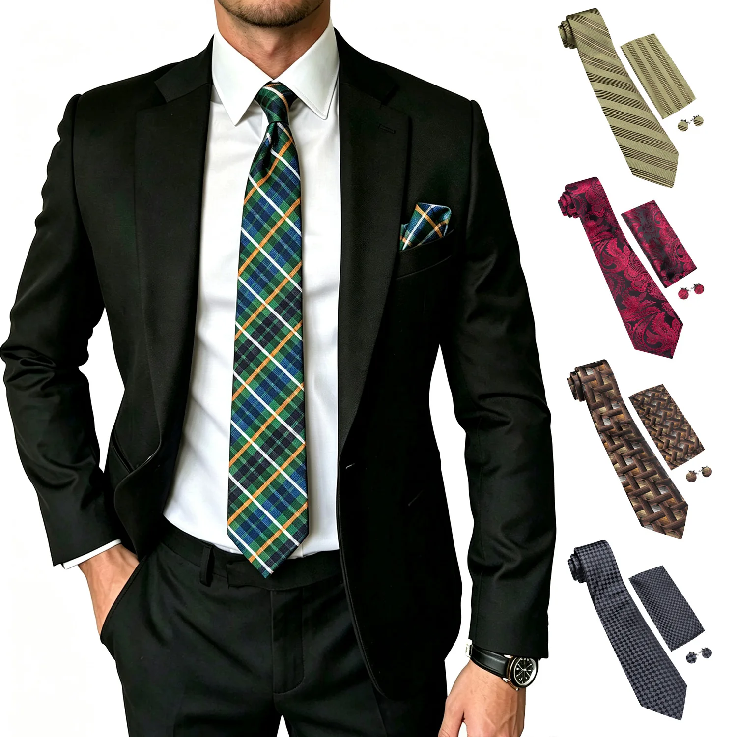 Tartan Plaid Woven Mens Tie Set 3PCS, Necktie Handkerchief Cufflinks For Casual Formal Events