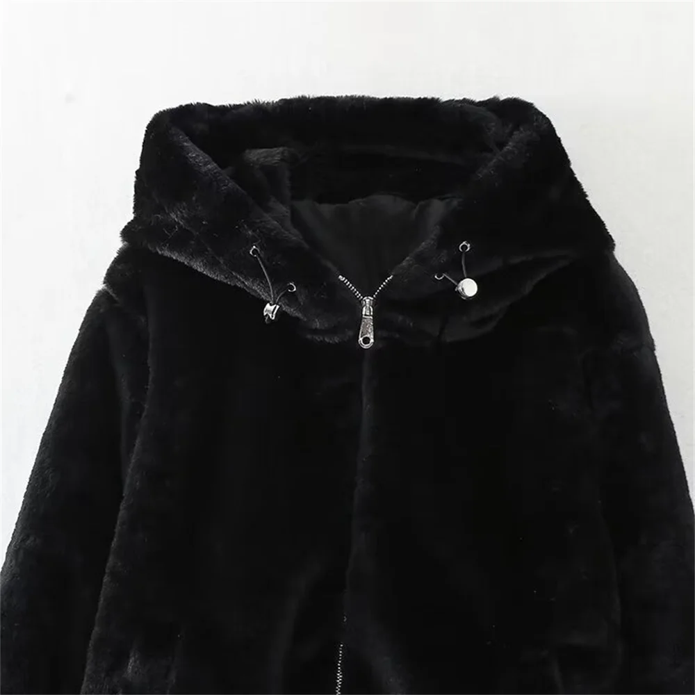 TRAF Autumn New Women\'s Fashion Leisure Versatile Artificial Fur Effect Hooded Jacket Coat