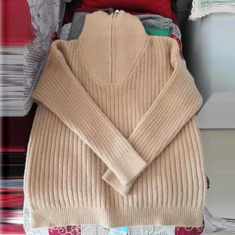 Women Half Turtleneck Zipper Sweater Korean Fashion Solid Colors Knitted Pullover Loose Basic Knitwear Long Sleeve Top Casual