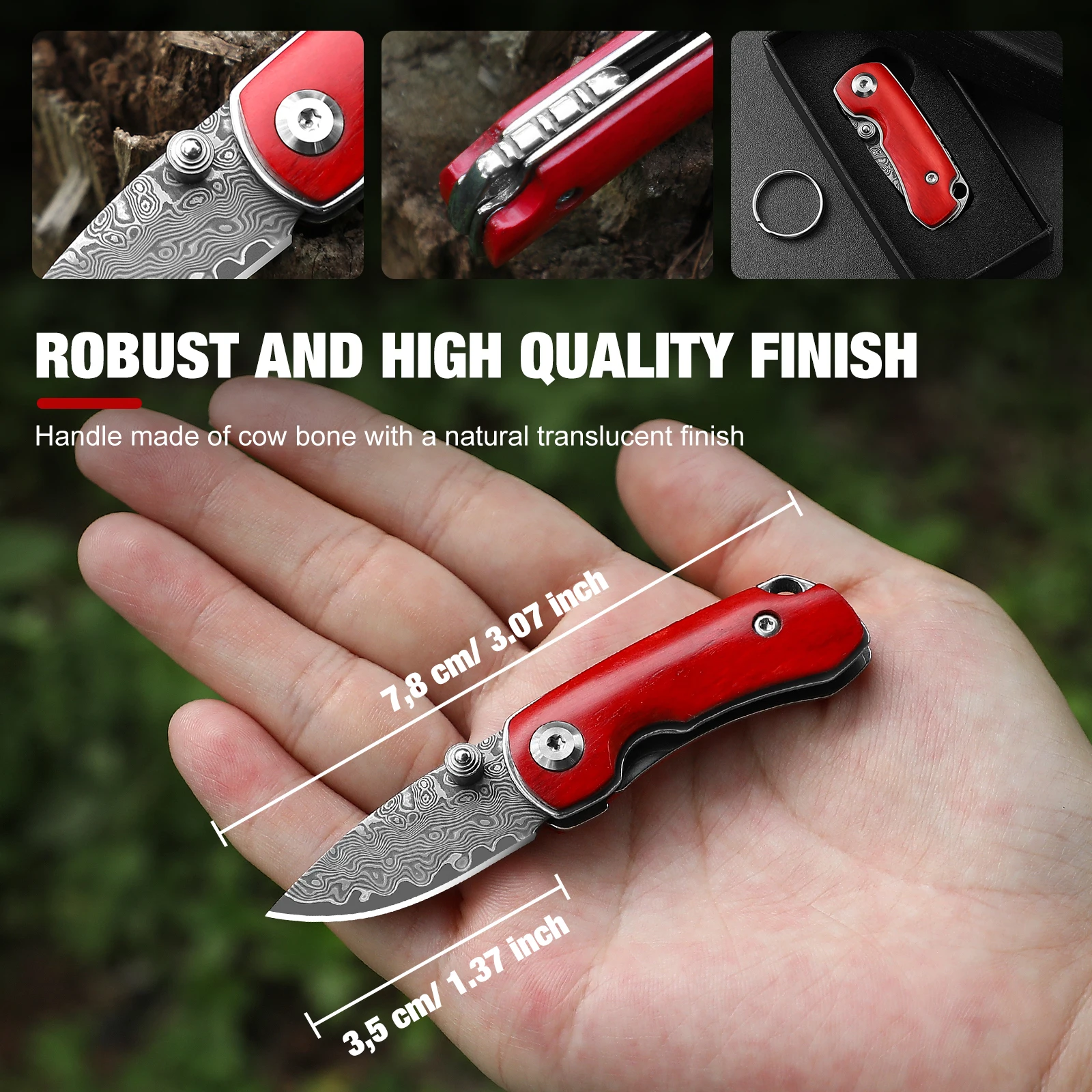 Damascus Small Folding Knife Vg10 Steel Core Mini Pocket Knife Beef Bone Handle EDC Key Knife For Men Women With Gift Box