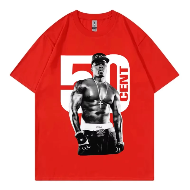 مغني الراب 50 سنت الجرافيك تي شيرت الذكور موضة الهيب هوب خمر تي شيرتات قصيرة الاكمام الرجال الصيف 100% القطن المتضخم تي شيرت