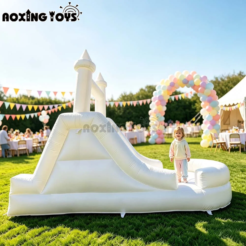 Commercial Kids White PVC Inflatable Bouncer with Slide, Fun Jump House Castle for Birthday Party & Backyard Play