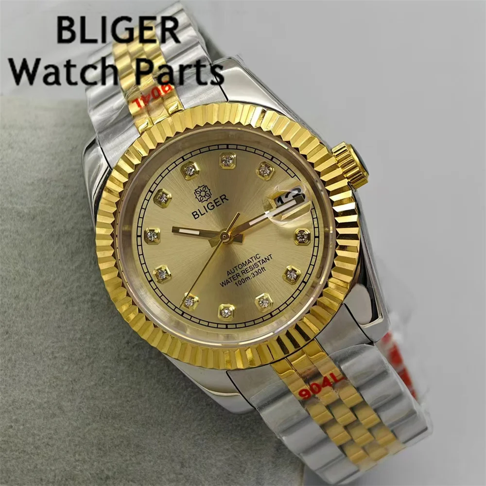 BLIGER 36mm/39mm Luxury Men Watches NH35 Automatic Silver Gold Case Gold Dial Diamond Blue AR Coated Glass Date Waterproof