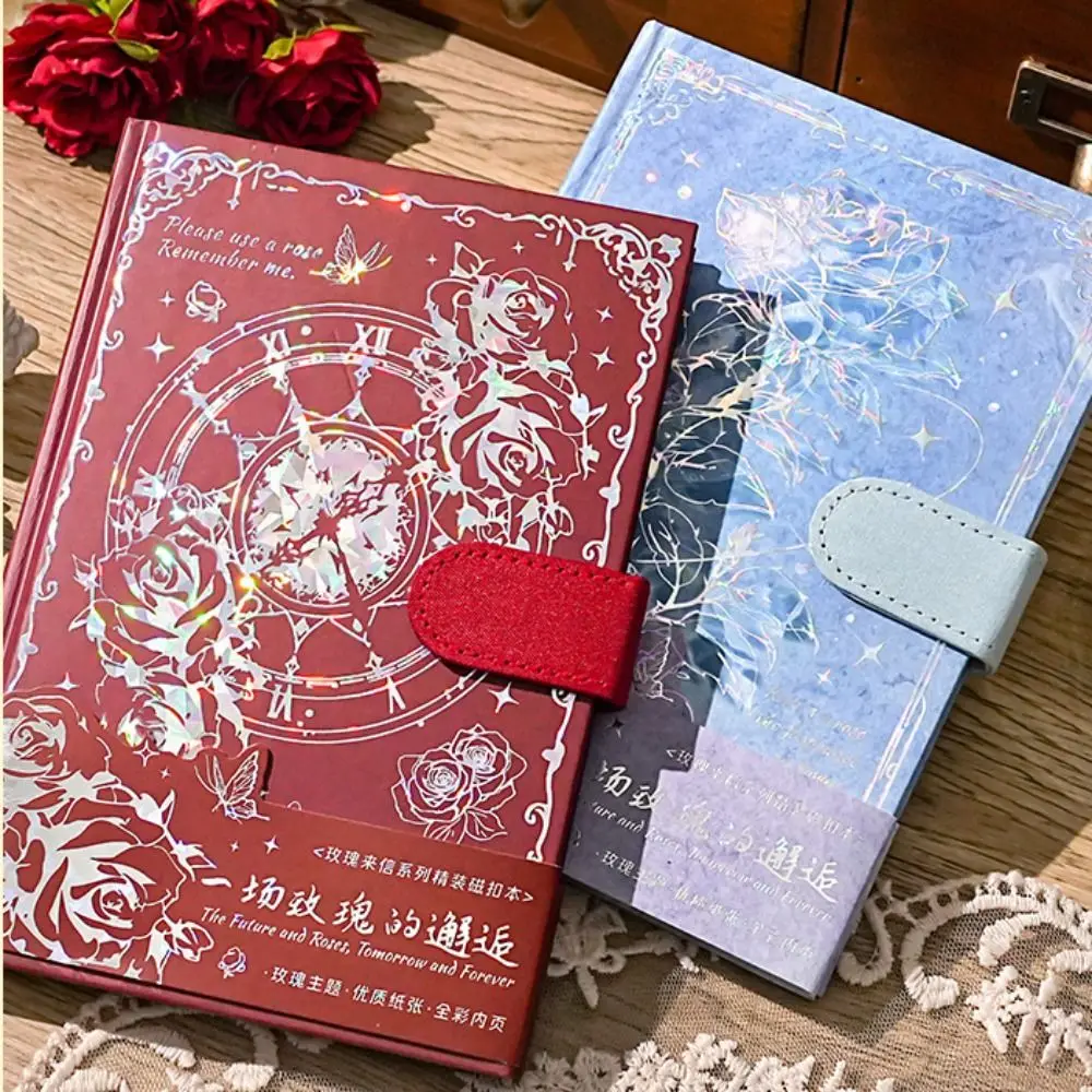 Exquisites Tagebuch-Notizbuch im Rosen-Stil, magnetischer Knopf, mehrschichtig, Retro-Rosen-Notizbuch, farbige Seiten, Geschenkaufkleber