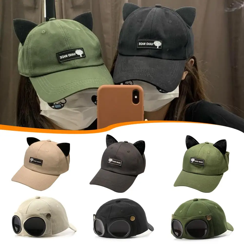 

Cute Cat Ears Baseball Cap For Women Men Funny Sunglasses Aviator Snapback Sun Hat Unisex Solid Color Hip Hop Peaked Hats