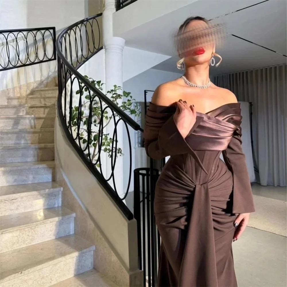 فستان حفلة موسيقية مخصص خارج الكتف، الساتان كم طويل مشد مطوي عارية الذراعين زيبر حفل زفاف ثوب Fساتين Shires #6