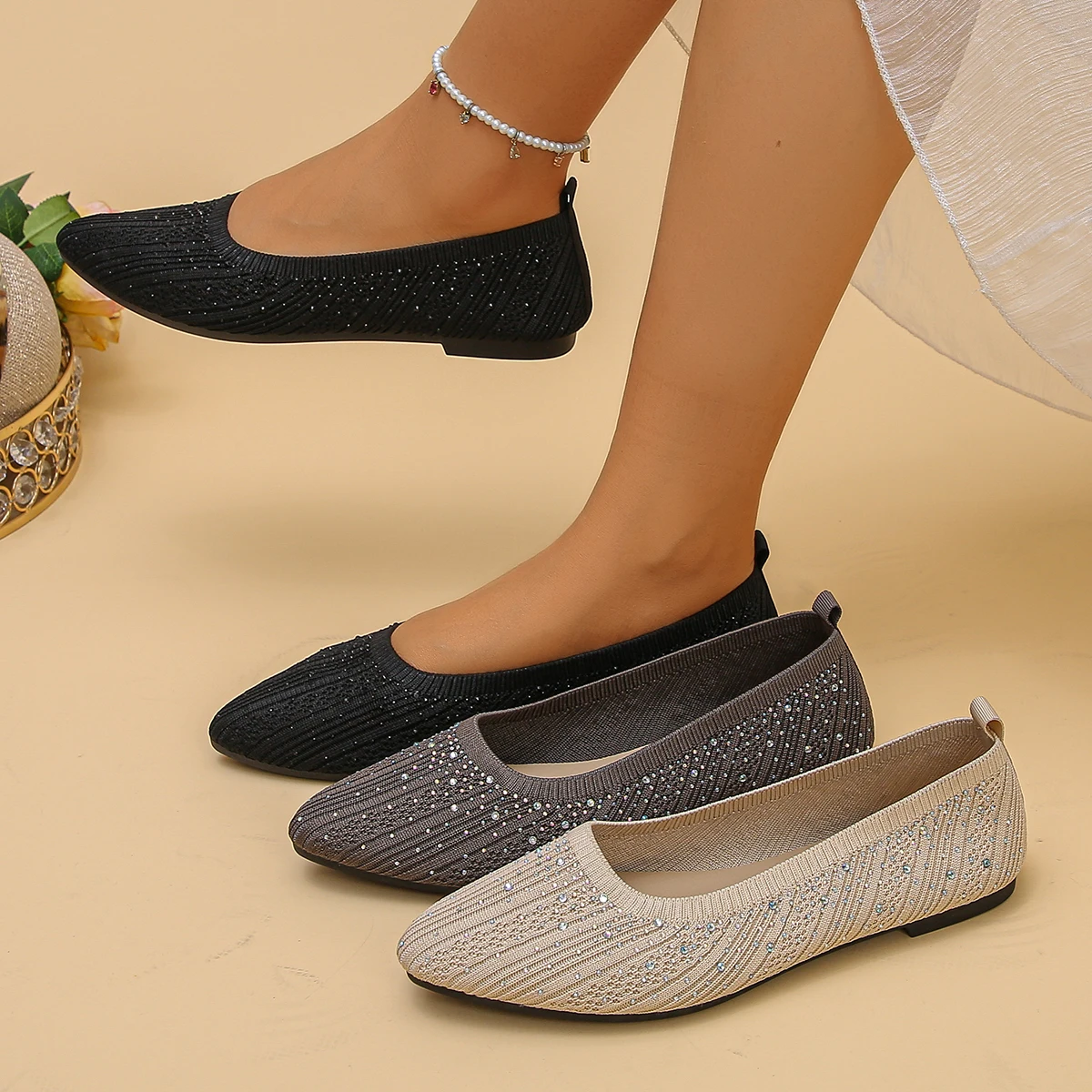 Women's 2026 New Knitted Sequin Decorated Ballet Flats Spring and Summer Pointed Toe Elegant Slip-on Casual Low-top Shoes