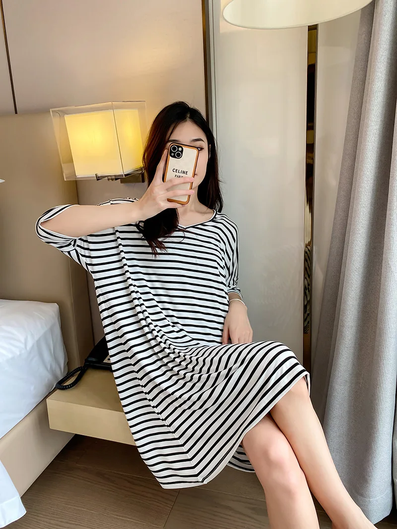 Summer Stripe Short Sleeve Modal Nightgowns Women Housewear Dress Casual Loose Sleepwear Nightshirt Female Night Wear 90 Kg