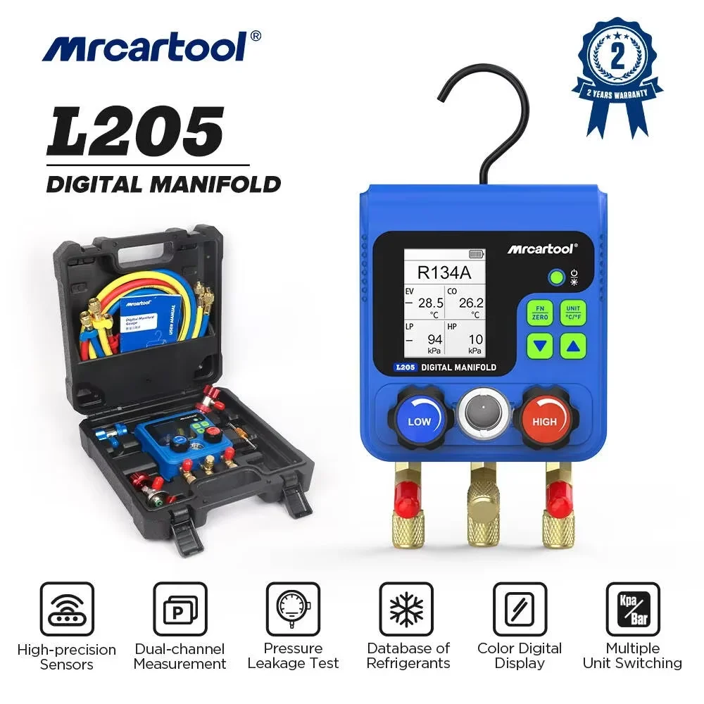 Conjunto de Manômetro Digital Inteligente MRCARTOOL L205 para Carros, Testador de Vácuo, Pressão e Temperatura R410a para Carregamento e Diagnóstico de Ar Condicionado Automotivo