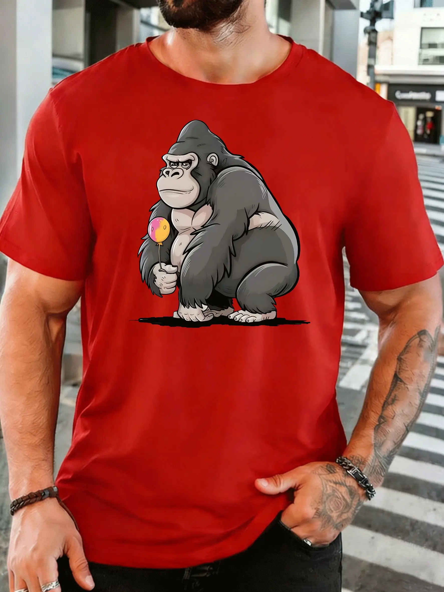 Cartoon Gorilla Holding Colorful Balloon Mens Front Print T Shirt Wild Animal Graphic Tee Casual Short Sleeve Top Ape Lover Gift