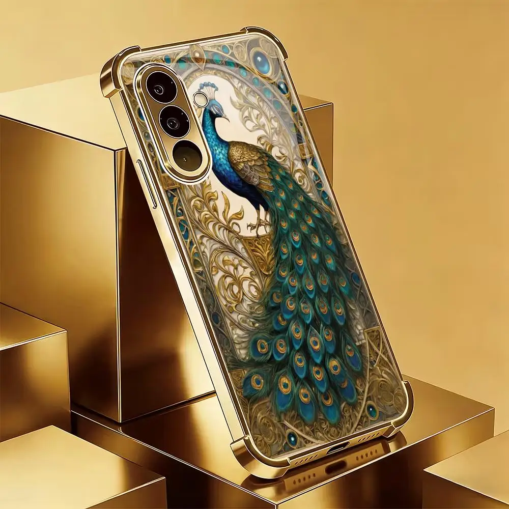 Pfauenmuster Galvanisierte Glas-Handyhülle Passend für Samsung Galaxy S26 S25 S24 S23 S22 S20 FE/Ultra/Plus Sturzsicher