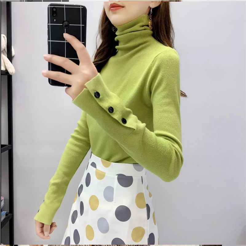 Turtleneck Women Sweater 2022 Autumn Winter Korean Fashion Slim Pullover Basic Tops Y2K Soft Knit Sweaters Long Sleeve Button