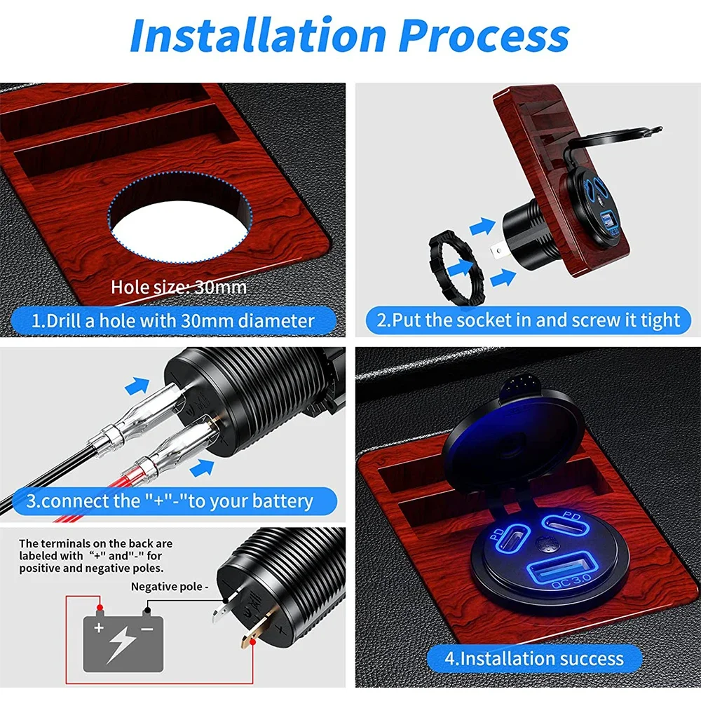 3 Ports Quick Charge Dual PD & QC 3.0 112W Aperture Car Charger Outlet Socket For 12V 24V Motorcycle Boat Marine Truck ATV view 6