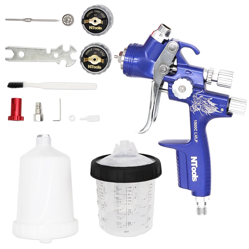 Lvlp Spray Gun 1.3 And 1.7mm Nozzle With Adapter And 600CC Tank Air Spray Gun With Quick-Connect Wash-Free Tank Paint Mixing Cup