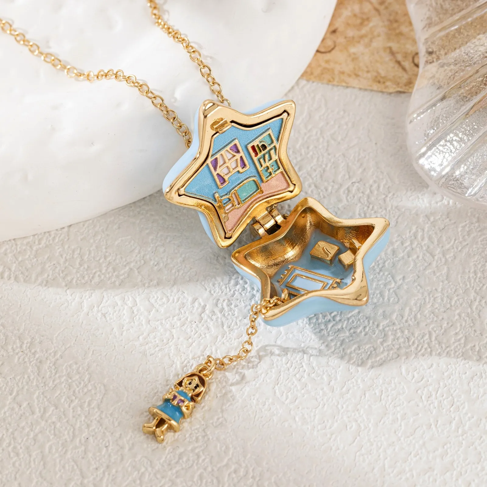 Pearl Little Girl Electric Modeling New Fashion Cross-Border Color European And American Necklace Gold-Plated Star Scene Pendant