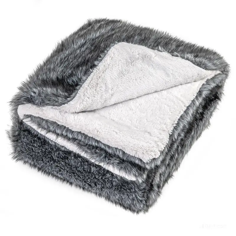 740GSM Soft Plush Fuzzy Luxury Faux Wolf Fur Blanket for Sofa-Gray