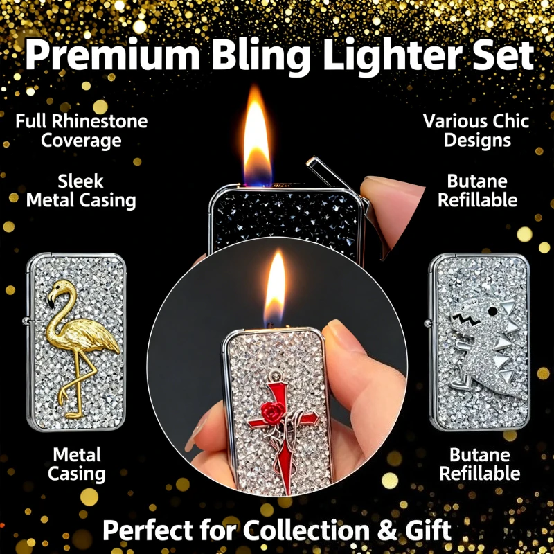 

Premium Rhinestone Pink Flame Lighter - Windproof Portable Inflatable Tool, Elegant Gift for Ladies Luxury Accessory Collectors