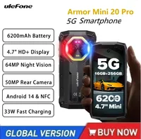 Ulefone Armor Mini 20 Pro 5G Rugged Smartphone Android 14 Dimensity 6300 4.7 “ 8GB 256GB Phone 64MP Night Camera 6200mAh LED NFC