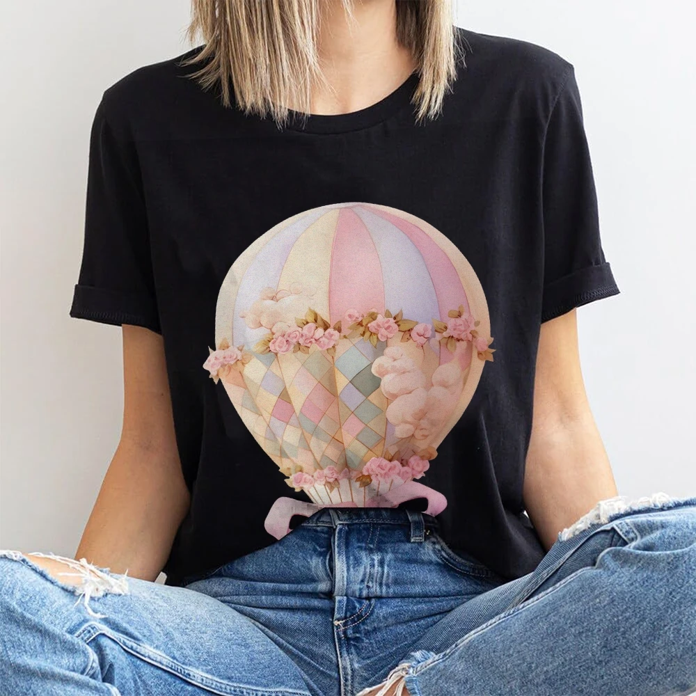 Y2K Graphic T-shirt, Floral Hot Air Balloon Print, Whimsical, Dreamy and Adventurous,Soft Fabric for Fantasy-Themed Casual Looks