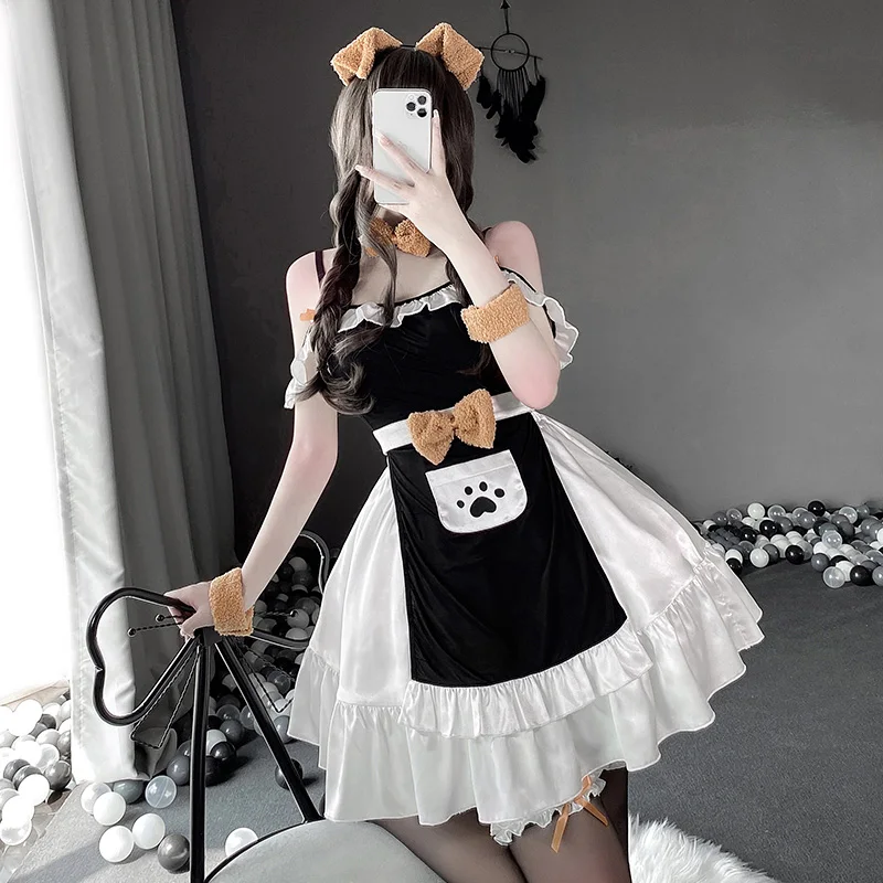 Hot Sexy French Maid Cosplay Costume Women Servant Girl Uniform Lolita Dress Erotic Lingerie Outfit Animal Dog Role Play Clothes