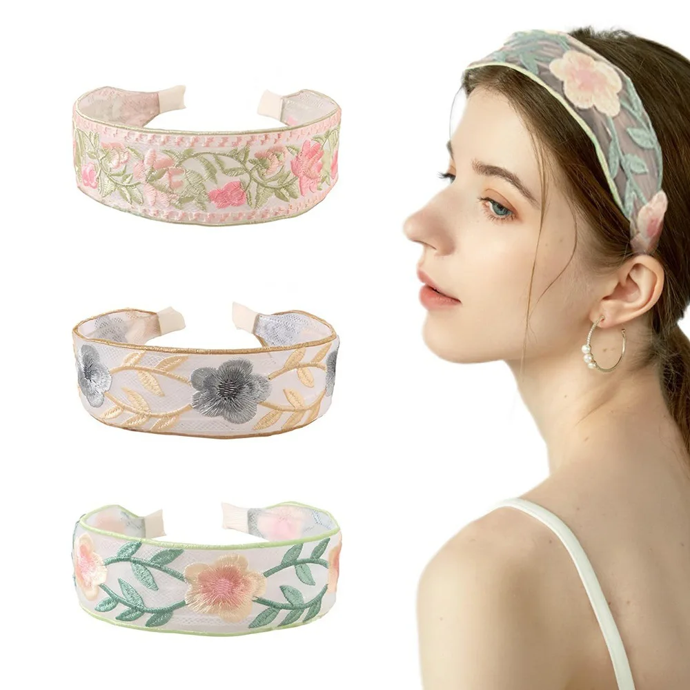 3 Stück elegantes Chiffon-Stickerei-Blumen-Haarband – süßes Blumen-Stirnband, Turban-Reifen für Damen, modische Haar-Accessoires
