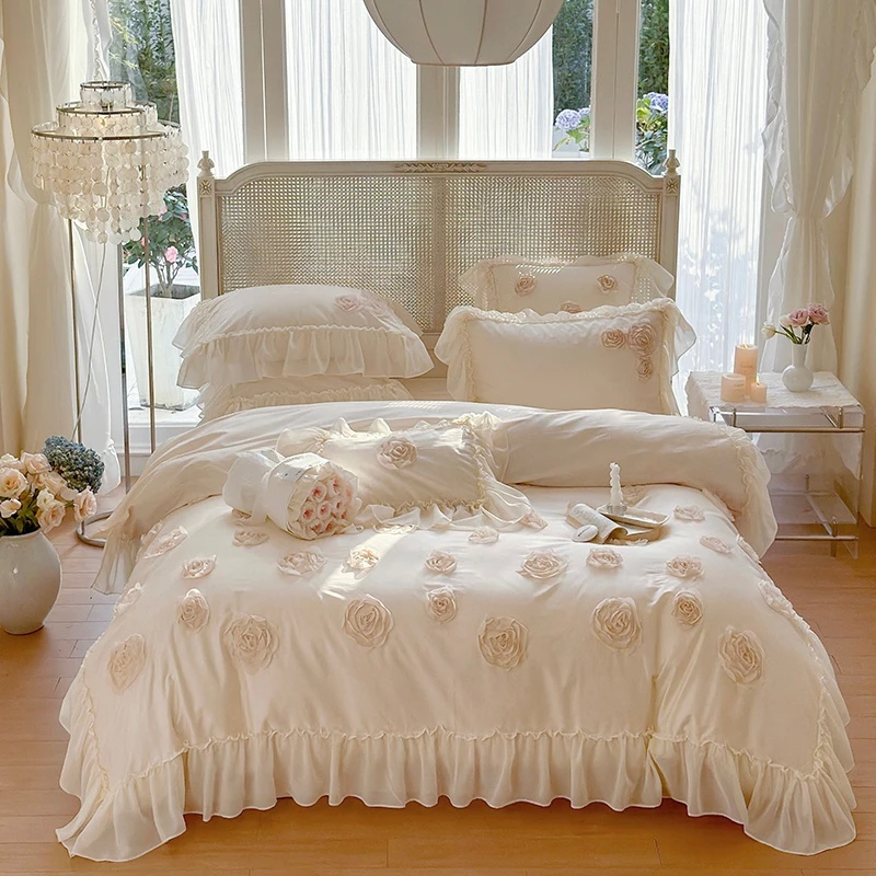 Cream Chiffon Ruffle Rose Duvet Cover Set, Soft Premium Fabric, 1Pc Duvet Cover + 2Pcs Pillowcases Without Filler, Single/Double