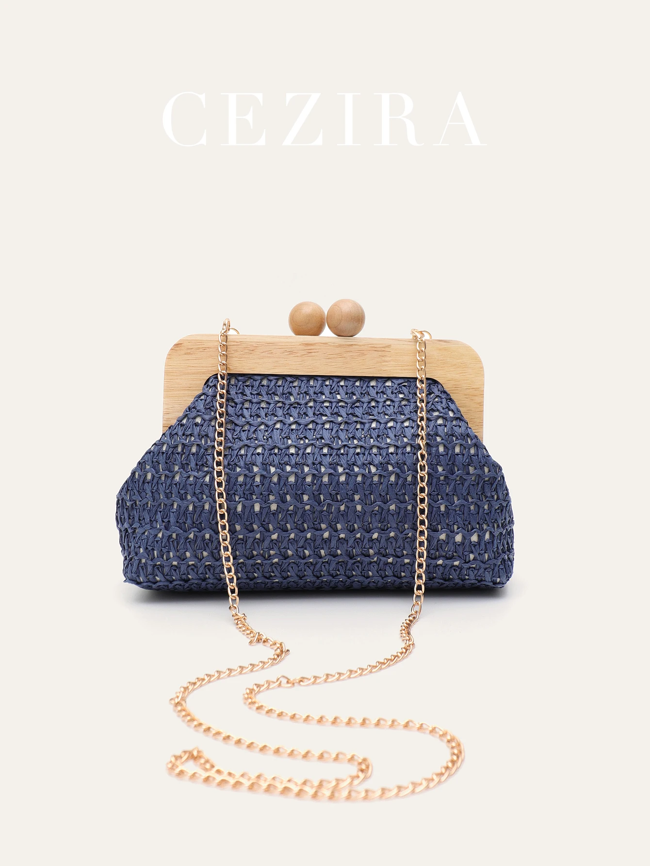 CR Trendy Unique Women Clutch, Wooden Frame, Magnetic Closure, Straw Fiber Texture, Multi-use Handbag for Shoulder & Crossbody