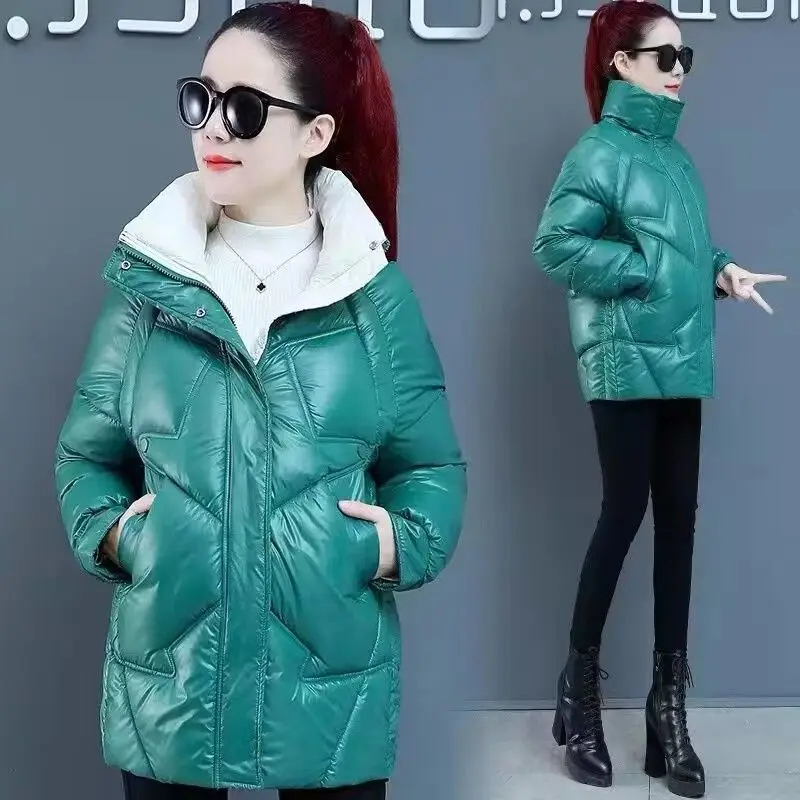 

Korean Stand Collar Down Cotton Coat Women's 2024 Autumn Winter New Warm Glossy Puffer Parkas Female Loose Padded Outwear R038