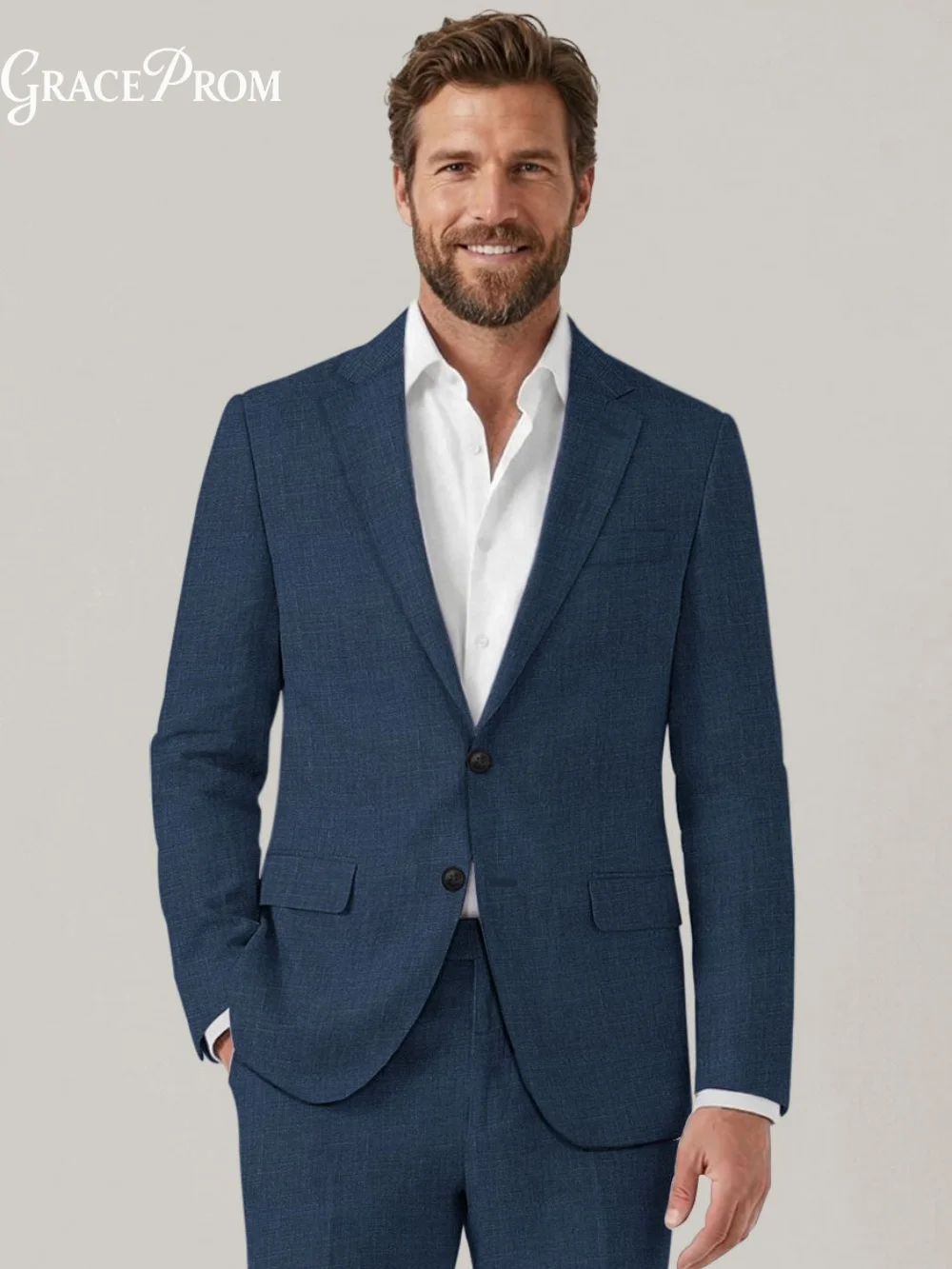 Premium Navy Blue Linen Blend Men Suit 2PCS 2026 Single Breasted Notched Lapel Soft Woven Fabric Formal Blazer Pants Customized