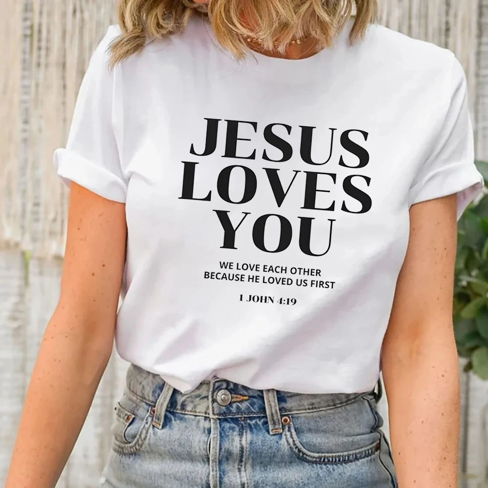 Jesus Love You Graphic Print T-Shirts Christian Bible Verse Tees Bible Gift Women's Clothing Religion Faith Tops Christian Merch