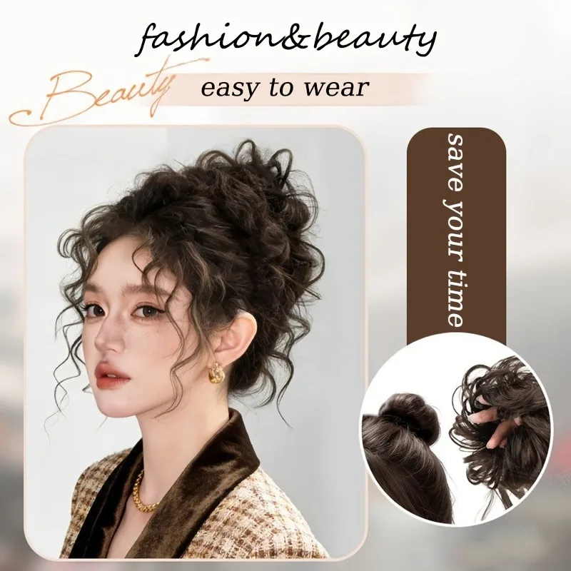 Coleta Postiza Rizada Despeinada de Fibra Sintética con Scrunchie, Postizo Voluminoso para Recogido, Fácil de Usar, Aspecto Natural para Mujer, Estilizado Diario 4