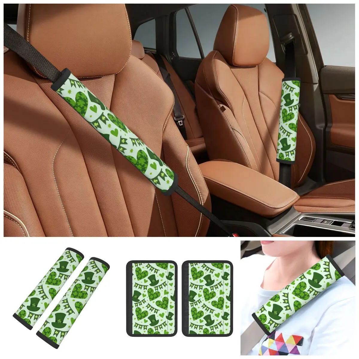 Car Saint Patricks Day Four Leaf Clover Seat Belt Cover Comfort Seat Belt Pads Cover for Cars Trucks