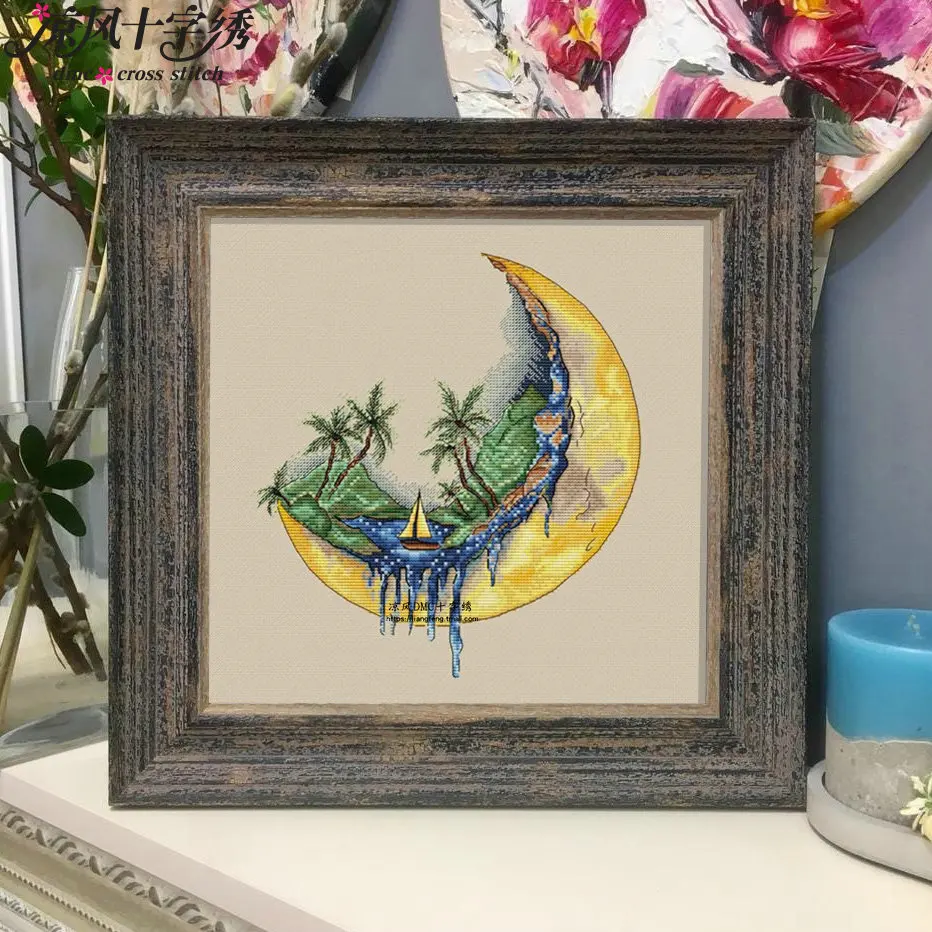 

Набор для вышивания крестиком Cool Breeze DMC: Новая модель QT3874 «Лунный город» с принтом «Лунная лодка» на льняной ткани для гостиной