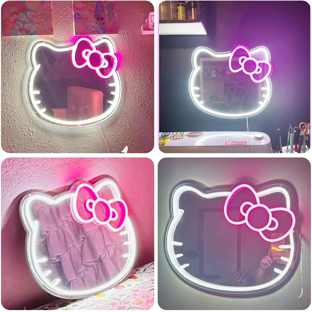 Wall Mirror with Light Anime Kit Cat Neon Sign Dimmable Neon Mirror Vanity Mirror with Lights for Girls Women Children\'s Gift