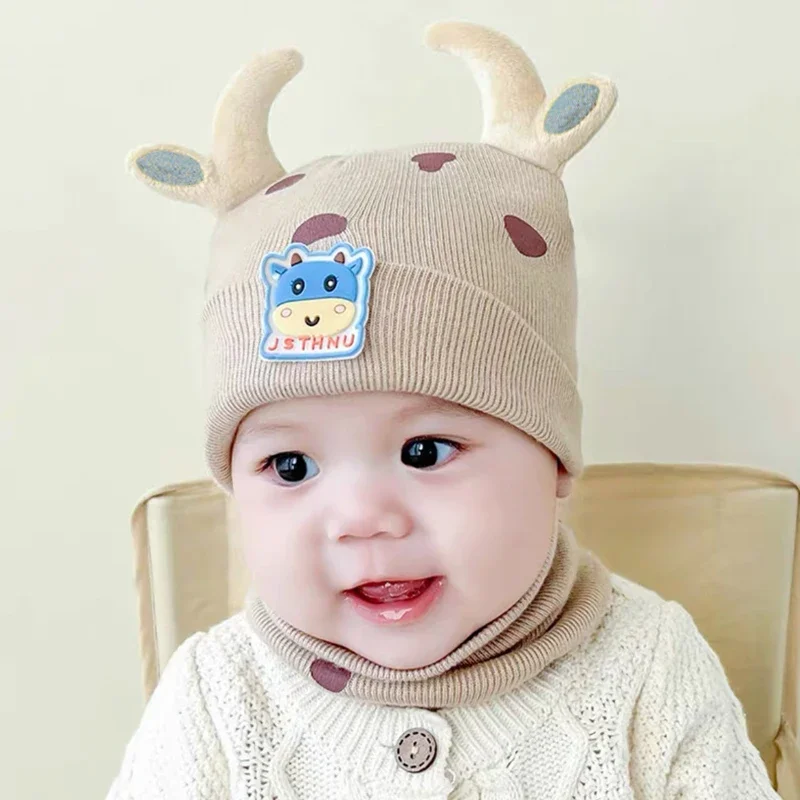 

0-3 Years Baby Hat Scarf Set Winter Cute Cow Knitted Bonnet For Infant Boys Girls Outdoor Warm Cap Scarf