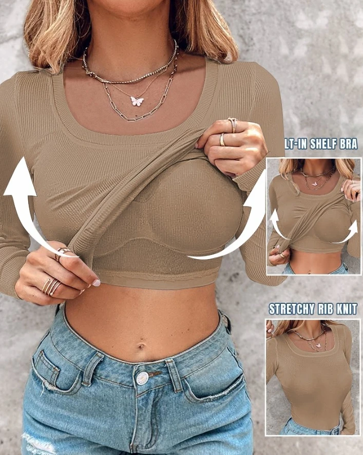 Top Women Sexy Girl Casual Autumn Knitted U Neck Built In Bra Long Sleeve Tops Tight Sexy Versatile Basic Daily Women\'s Tops