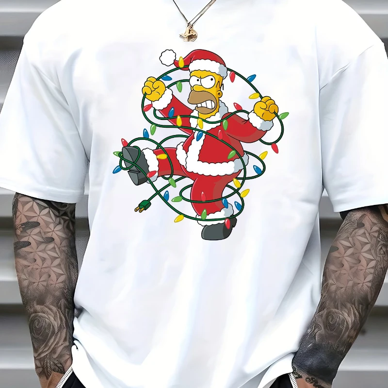 

Summer Simpson Men's Pattern Short-sleeved T-shirt Christmas Homer Santa Claus Wrapped with Colorful Light Print Pattern