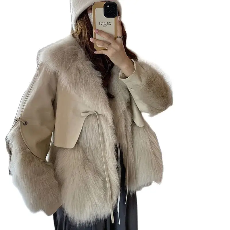 Manteau de tempérament faux renard pour femme, cuir cousu, col, une tarte chaude, importé, hiver, nouveau, 2022