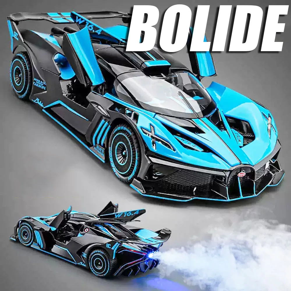 1:24 Bolide GTR Model Toy Spray Supercars Alloy Diecast Shock Absorption Sound Light Doors Opened Pull Back Ornament Vehicles