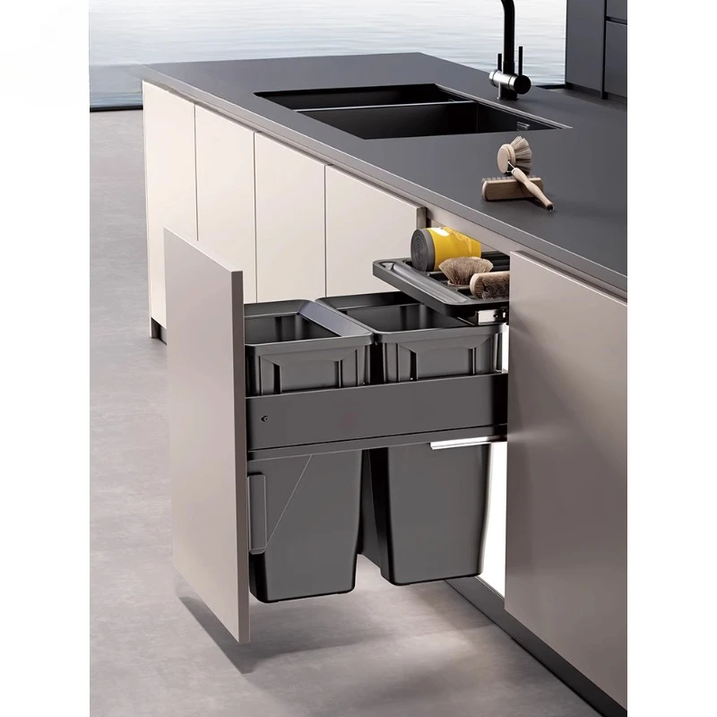 Kitchen cabinet embedded trash can embedded type with lid concealed invisible built-in double bucket classification resistance