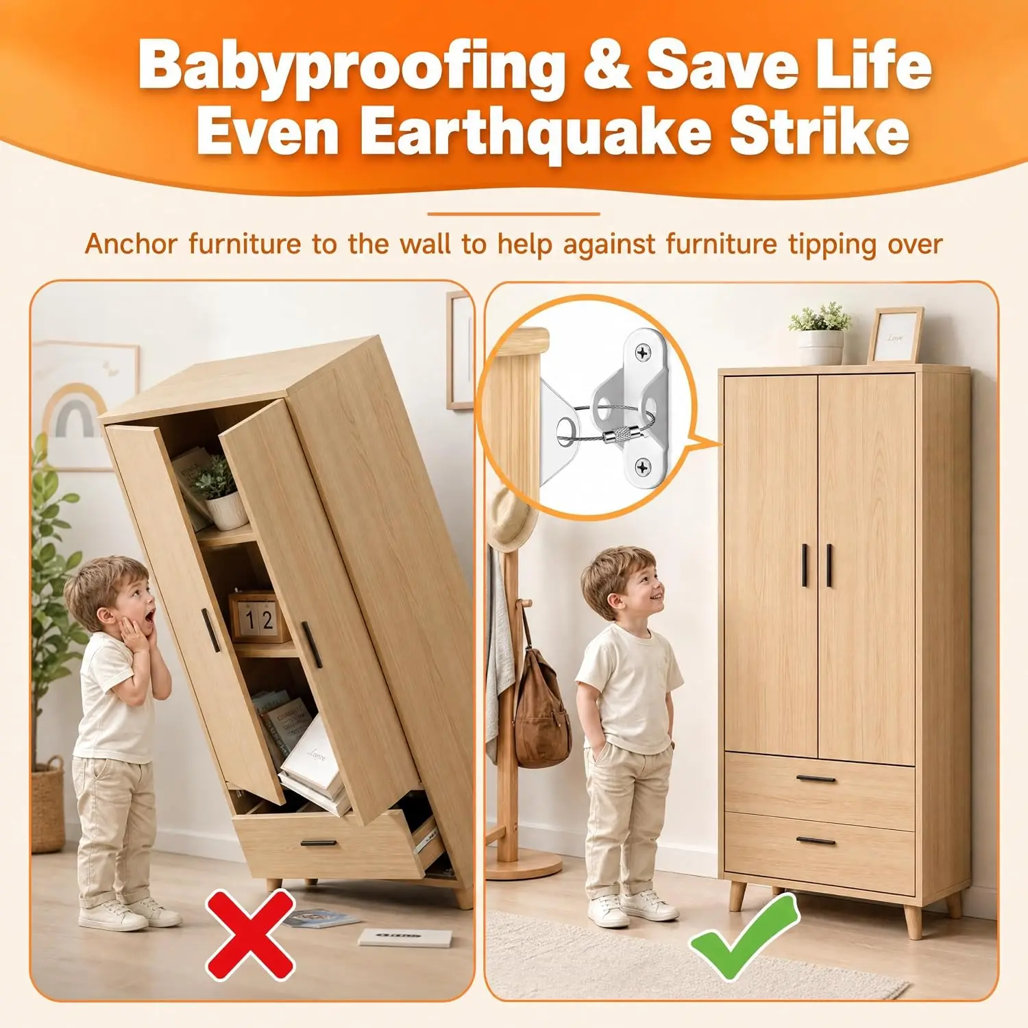 Furniture Anchor for baby and Pet Protection, Furniture with anti Tilt Furniture Wall Anchor to Prevent Furniture from Falling