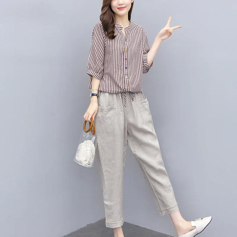 Office Cotton Line Striped Two Piece Sets Elegant V-neck Shirts Elastic Waist Long Pants Suits Street Chic Two Piece Women 2024