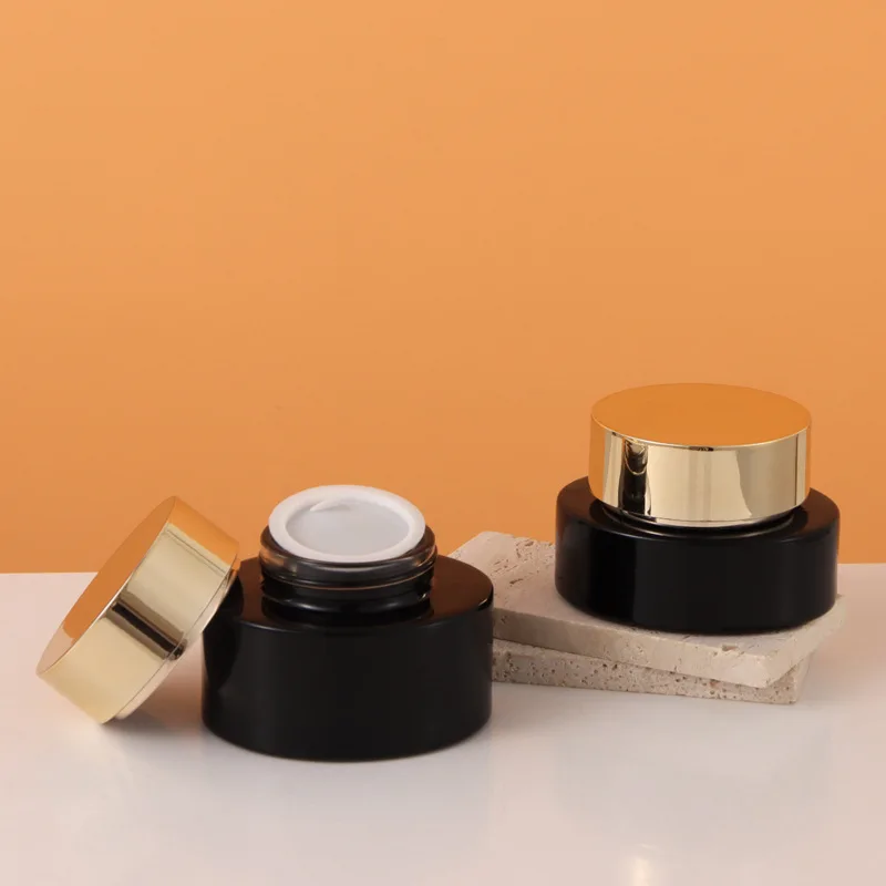 Black Glass Bottles Empty 30ml 40ml 100ml 120ml Mist Spray Lotion Pump Gold Lid 30g 50g Oval Cosmetic Cream Jars