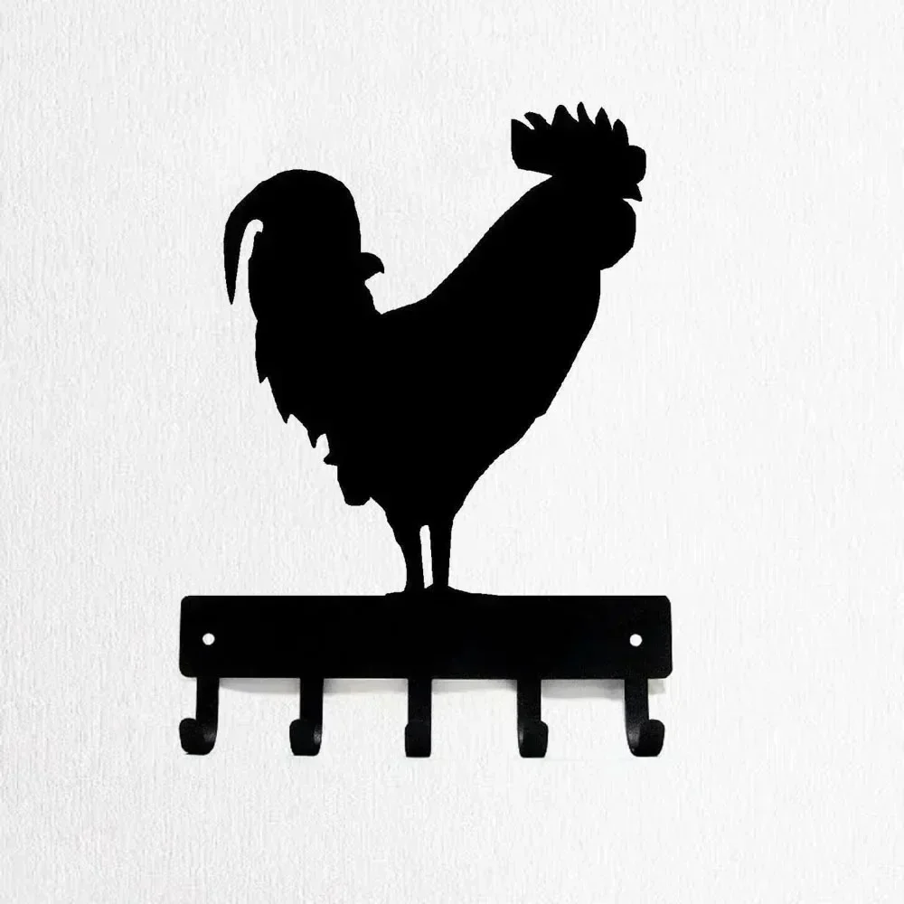 CIFBUY Black Silhouette Metal Key Hook Rack, Rooster & Mountain Tree Wall Mount Hanger, Rustic Entryway Home Decor Gift