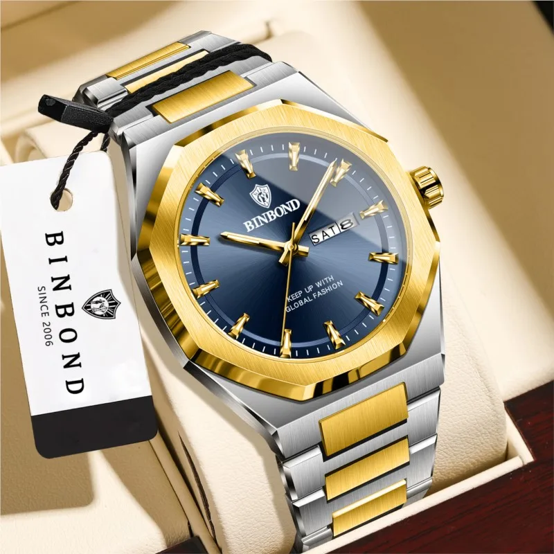 BINBOND Authentic Light‑Luxury Dual‑Calendar Luminous Men Quartz Wristwatch Fashion Trendy Casual Student Business Male Watch