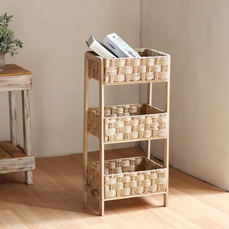 Handwoven Solid Wood Bookshelf Living Room Storage Rack for Books Toys and Sundries Natural Wooden Shelf for Dining Room