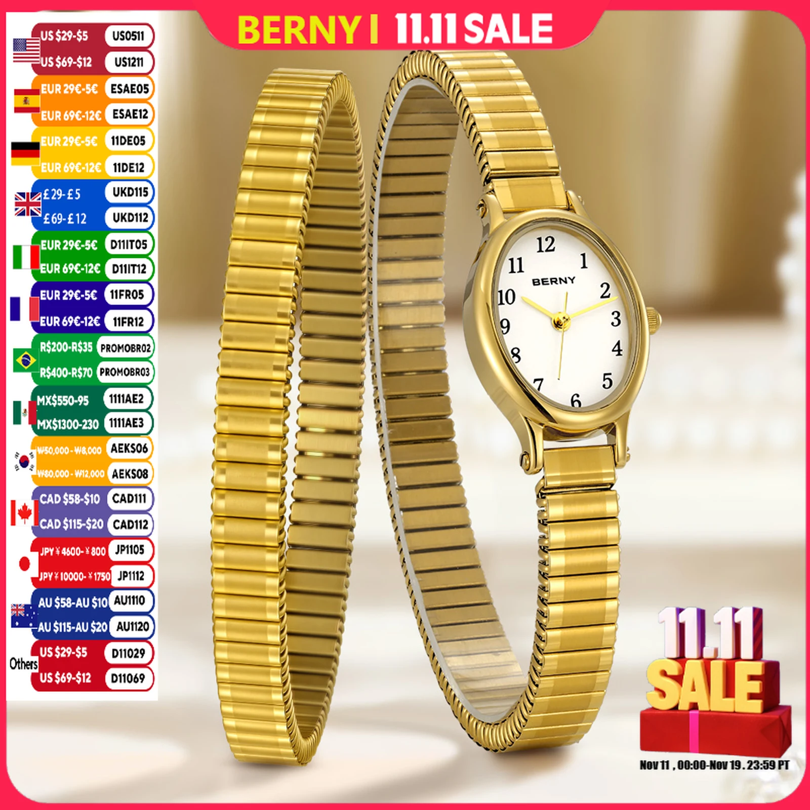 

BERNY Luxury Women's Watches Golden Stretch Bangle Elegant Dress Ladies Watch Elastic Band Easy Read Wristwatch