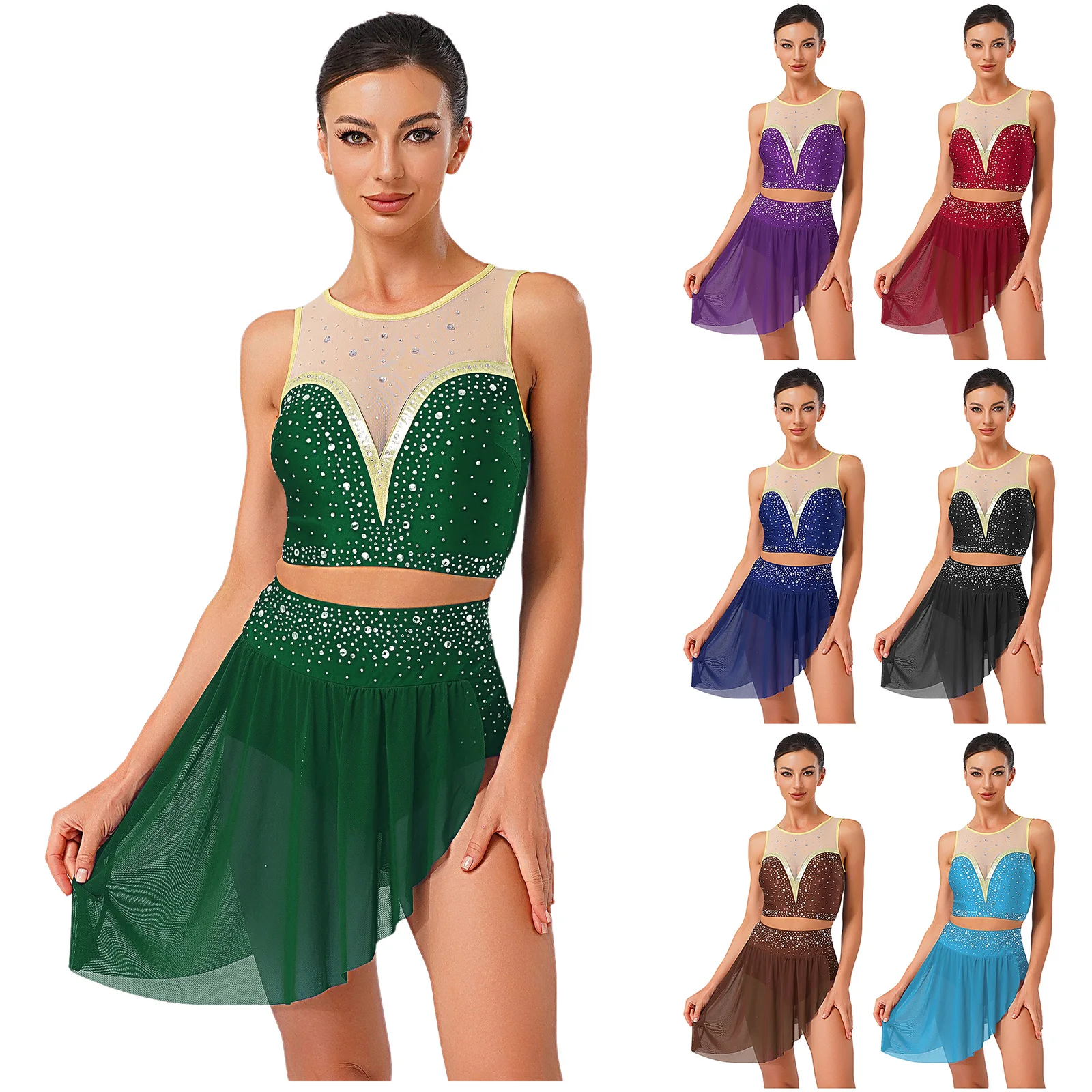 Women Shiny Rhinestone Sheer Mesh Modern Lyrical Dance Crop Tops with Leotard Skirt Figure Skating Gymnastics Acrobatics Outfit