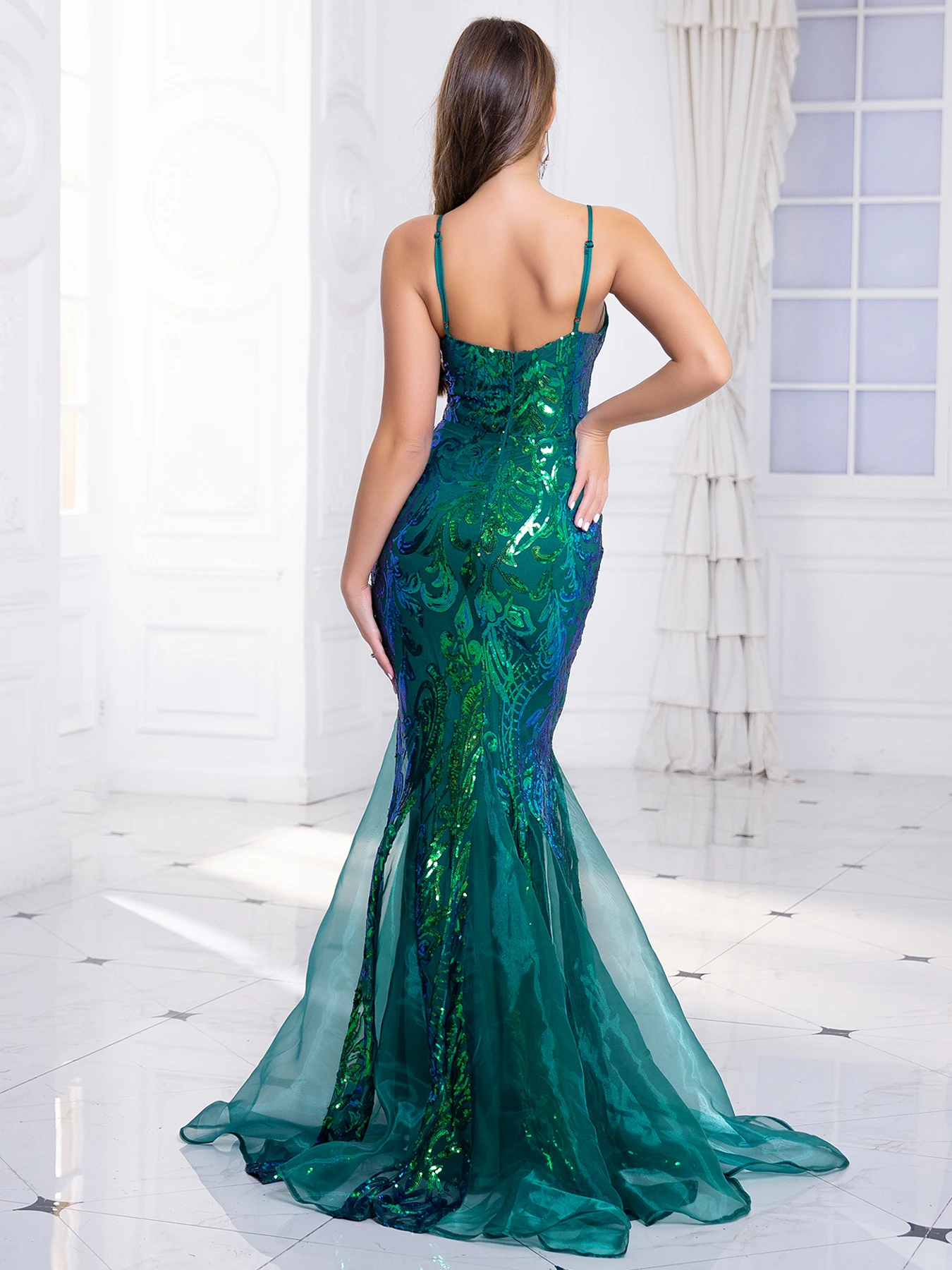 Padded V Neck Green Stretch Sequin Party Dress Spaghetti Floor Length Mesh Panel Mermaids Backless Evening Night Formal Gown