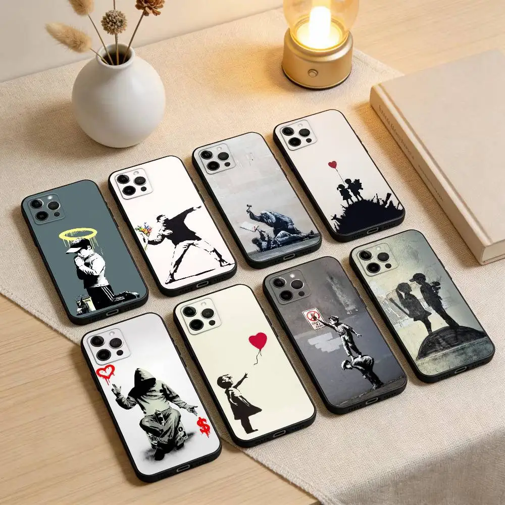 Coque de téléphone en silicone souple noire S-Street Art Banksy Graffiti pour iPhone 17, 16, 15, 14, 13, 12, 11 Plus, Pro Max, XS